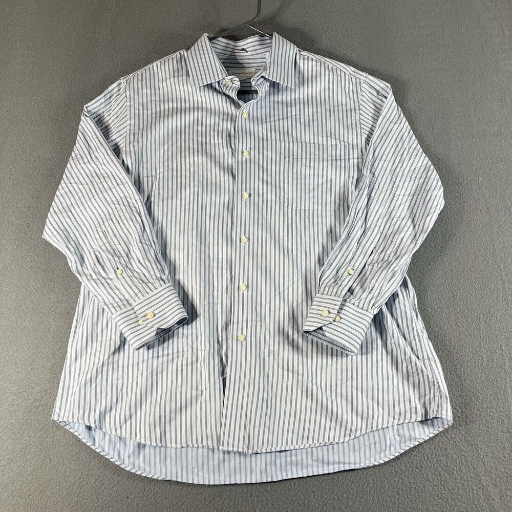 Tommy Bahama Mens Button Up Shirt Size 17 32-33 Blue Striped Long Sleeve